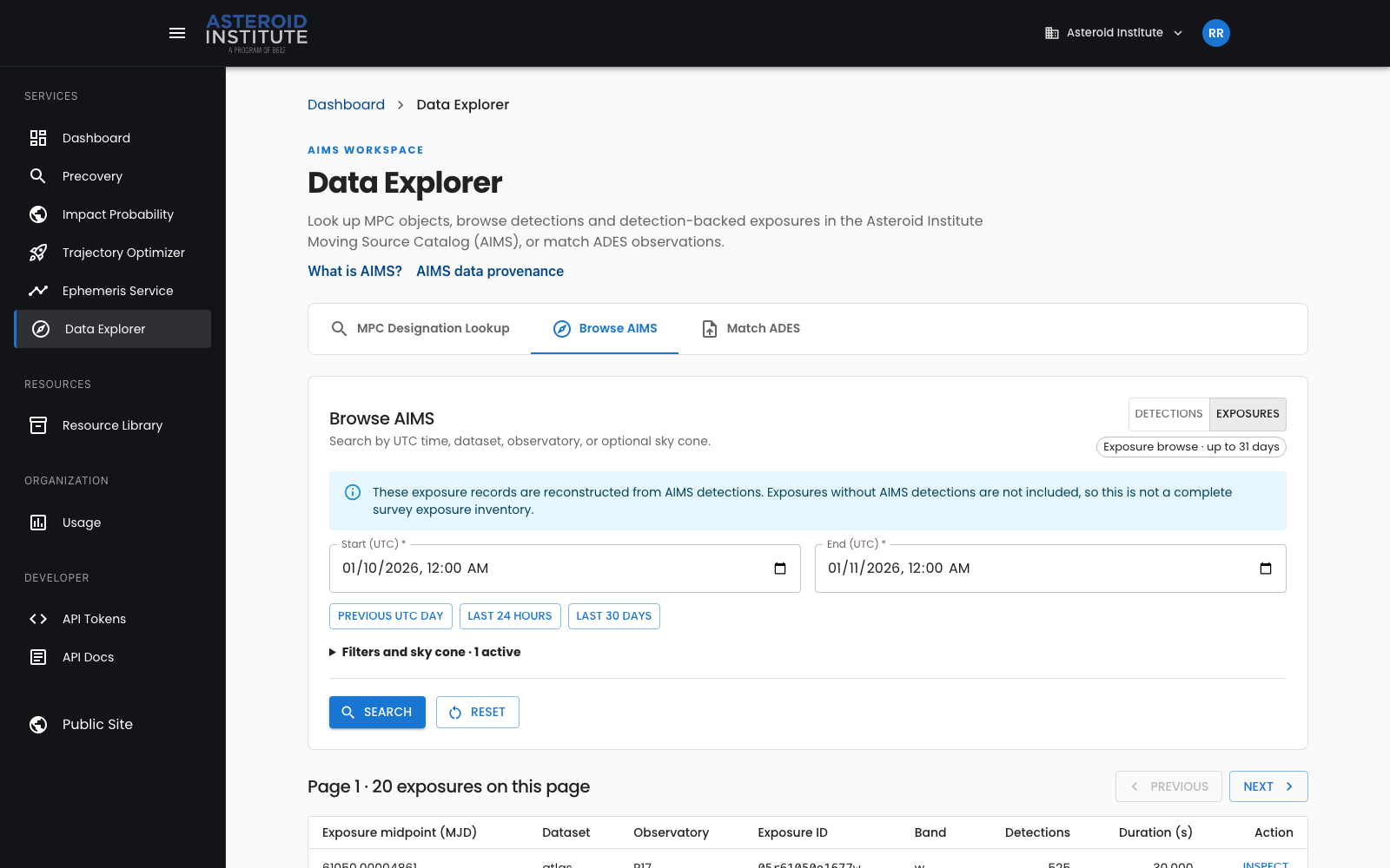 Browse AIMS detection-backed exposure results filtered by time and observatory