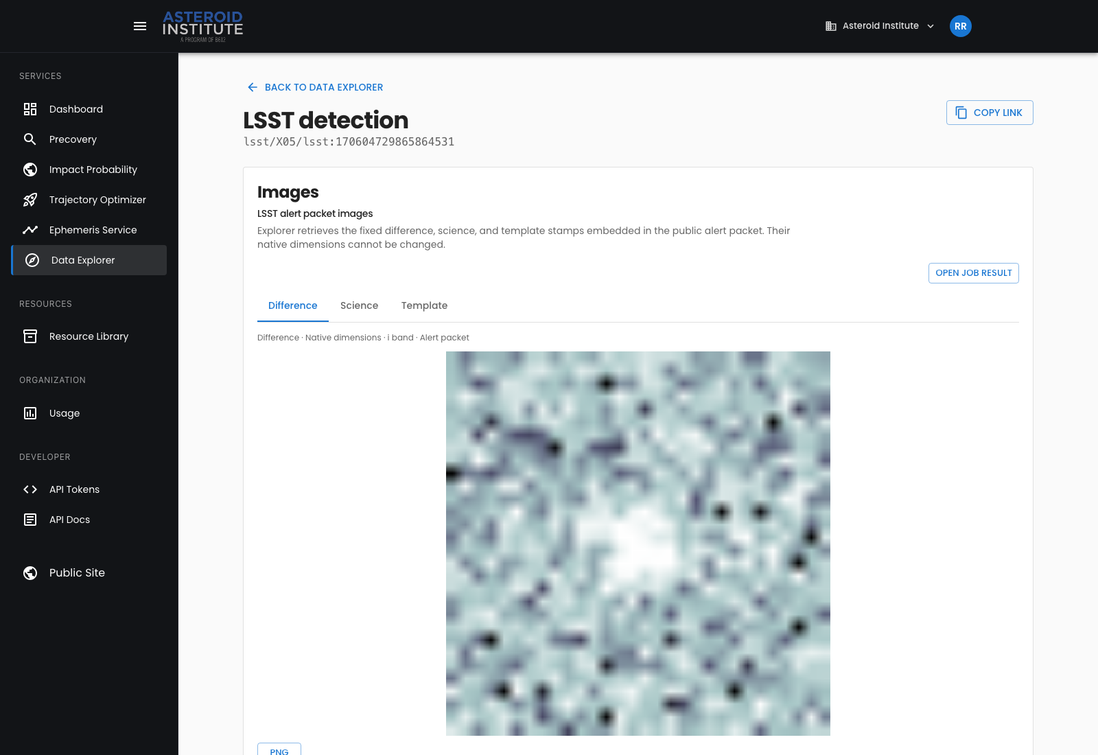 A full Data Explorer detection detail page with a rendered LSST difference cutout and tabs for science and template images
