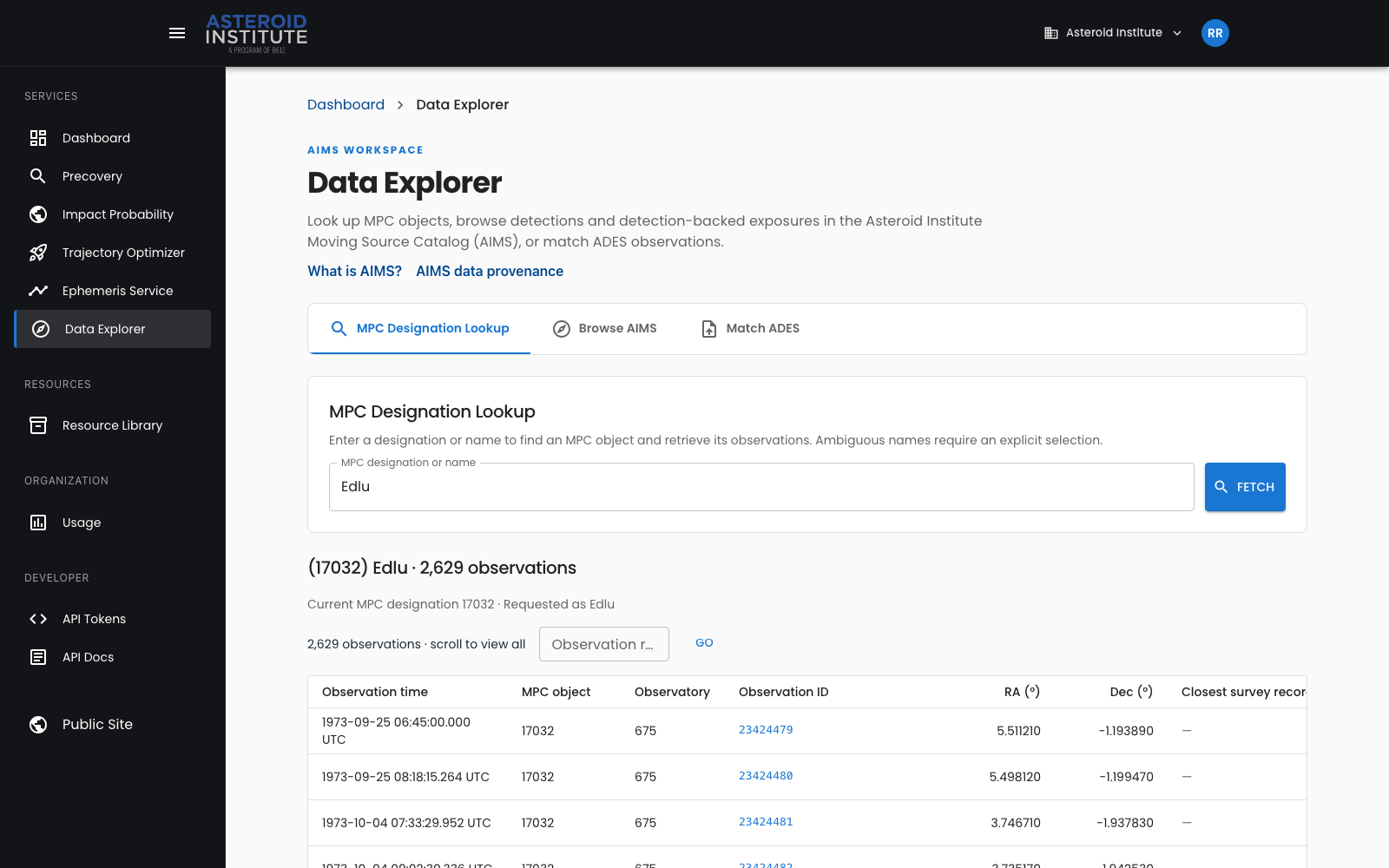 Data Explorer showing the complete MPC observation history for an asteroid
